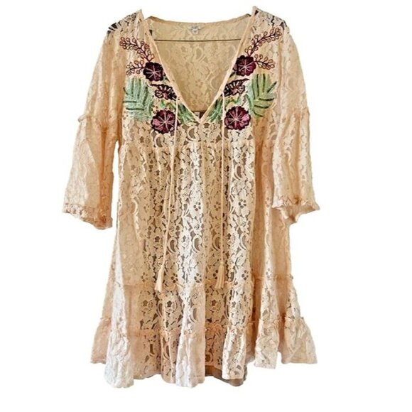 Womans‎ L GUESS Pink Lace Tiered Western Boho Floral Embroidered Dress Tassels - Picture 1 of 8